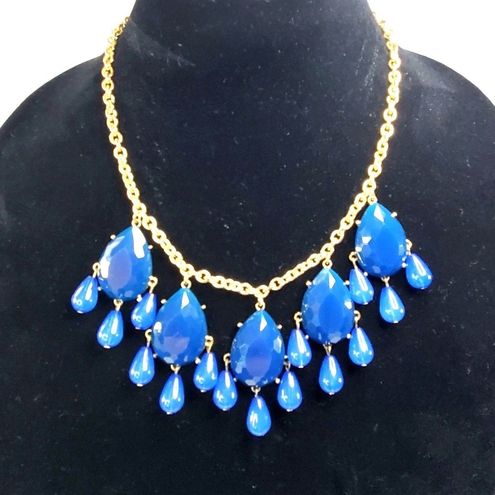 Gold-Tone Statement Bib Necklace With Blue Teardrop Plastic Faceted Accents